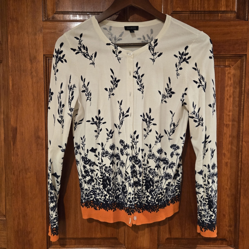 Talbots Navy and Orange Floral Cardigan